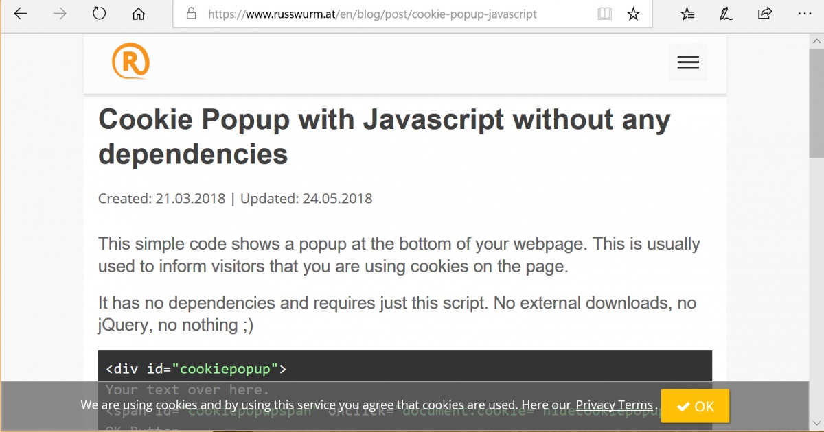 Cookie Popup with Javascript without any dependencies • isned